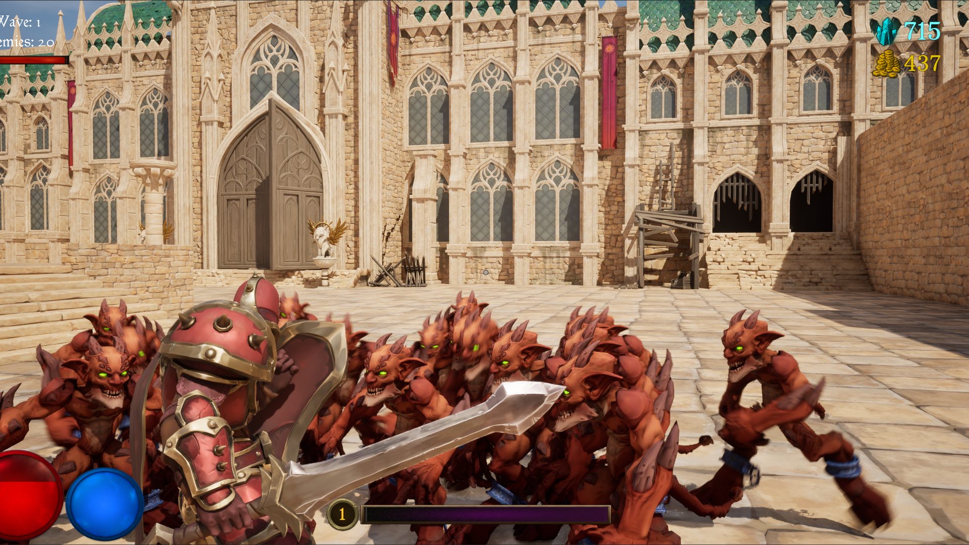 Captain of the Dawnsworn cutting through a courtyard horde
