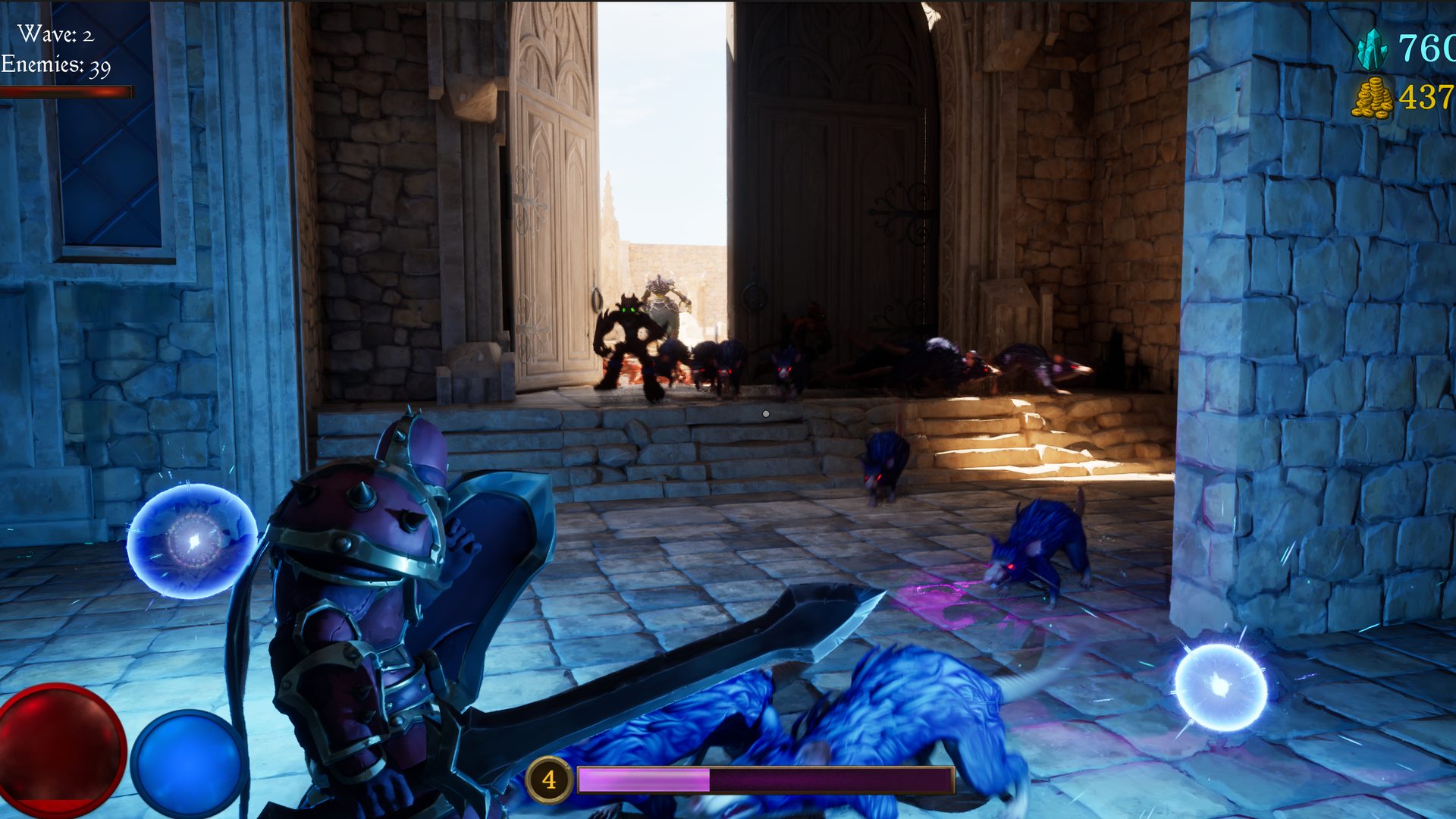 Fighting through a packed temple doorway as the wave count climbs